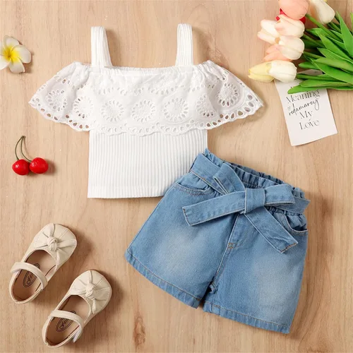 Vista 6 de PATPAT Bebé Niña 100% Algodón Denim Shorts Corazón Impreso Blanco Manga Corta Top Con Diadema Conjunto 3 Meses-3 Años
