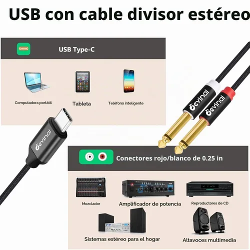 Vista 6 de Cable de audio USB C a 1/4 de pulgada, tipo C a doble cable auxiliar estéreo TRS de 0.250 in, divisor en Y para teléfono inteligente, tableta, 2