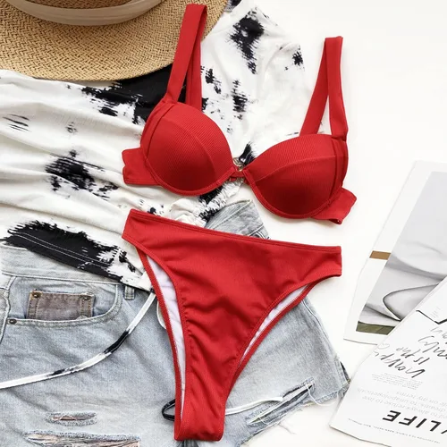 Vista 3 de Conjunto de bikini de dos piezas de corte alto de dos piezas para mujer, con cuello halter, triángulo, con lazo lateral