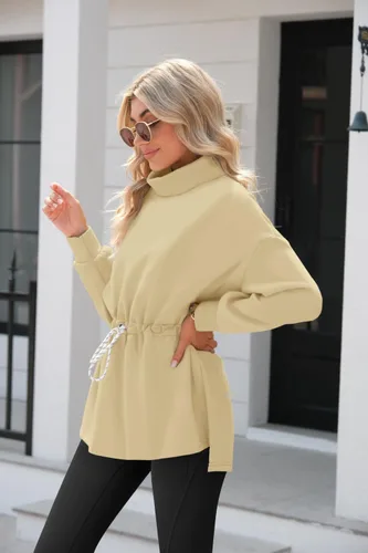 Vista 4 de Doshoop Sudaderas de cuello alto para mujer, de manga larga, con abertura lateral, con cordón en la cintura