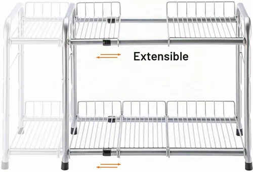 Vista 3 de FlagShip Organizador de 2 niveles para debajo del fregadero y estante de almacenamiento expandible para cocina y baño, color plateado