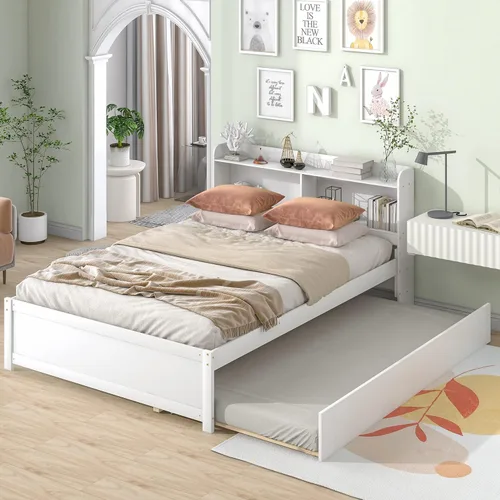 Vista 15 de Polibi Cama de plataforma de tamaño matrimonial con nido individual y estantería, cama de plataforma de almacenamiento de madera con cabecera