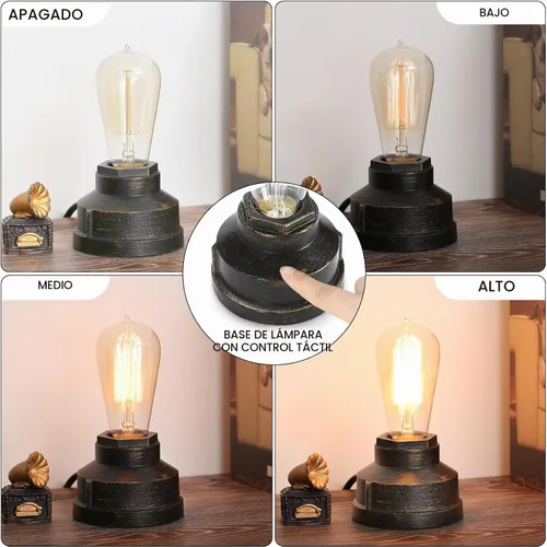 Vista 2 de Base de lámpara de mesa pequeña con control táctil, luz táctil industrial, base de bombilla Edison vintage, regulable para mesita de noche, luz