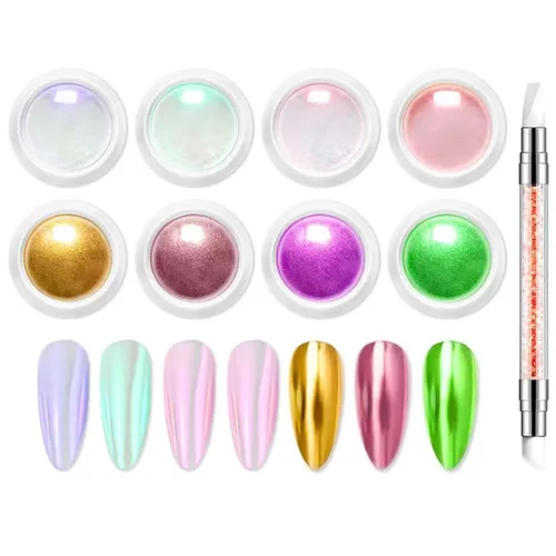 Vista 16 de Kit de polvo de uñas cromado y gel de uñas 3D BISHENGYF: 0.53 oz No Wipe 3D Sculpting Gel Aurora White Pearl Silver Gold Chrome Nail Powder