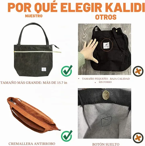 Vista 8 de KALIDI Bolsa Tote de Pana para Mujer con Cremallera Bolsa de Mano Casual Tote Bolsa de Hombro de Gran Capacidad con Bolsillos 1 negro y 1 blanco.