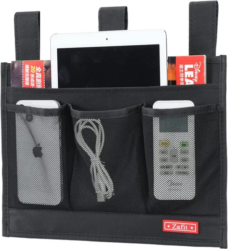 Vista 10 de Zafit Organizador colgante para mesita de noche, organizador de almacenamiento para revistas, teléfono, control remoto (4 bolsillos, negro)