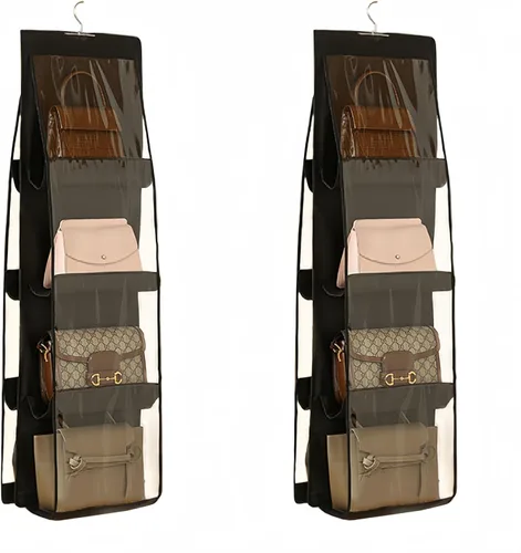 Vista 12 de HAN SHENG Organizador colgante de 6 bolsillos transparente para bolsos y monederos - Estante colgante para ahorrar espacio para clóset, armario