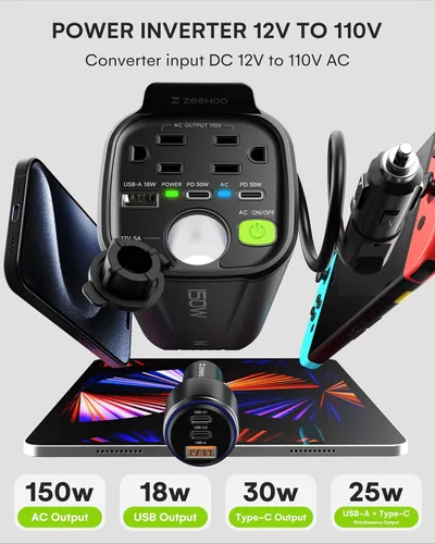 Vista 2 de Inversor de corriente para automóvil de 150 W, 12 V CC a 110 V CA Adaptador de enchufe de automóvil, convertidor de tomacorriente, con 2 salidas