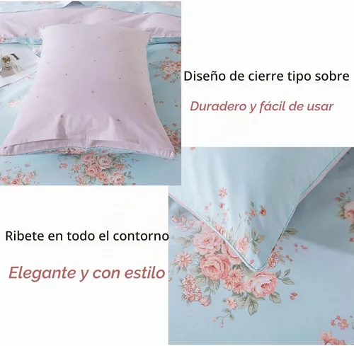 Vista 5 de FADFAY Juego de funda de edredón tamaño individual azul con flores de rosa y peonía, ropa de cama rústica con flores de peonía, juego de funda