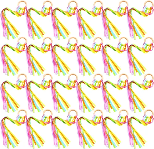 Vista 11 de Junkin Anillos de cinta de mano, juguetes Waldorf, cintas de muñeca bailarín, serpentinas de arco iris con anillo de madera, juguete educativo
