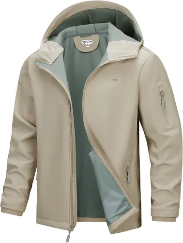 Vista 13 de 33,000ft Chaqueta de softshell con capucha para hombre, impermeable, ligera, aislada, cortavientos, forro de forro polar, chaqueta de lluvia Verde