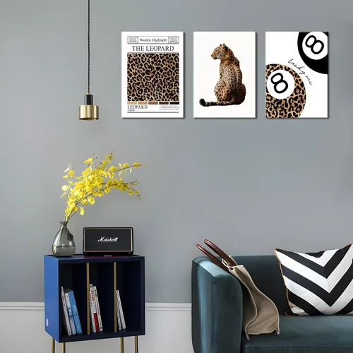 Vista 3 de Conjunto de 3 modernos pósteres de pared de leopardo en lona con bola de la suerte número 8, arte de pared elegante, decoraciones de pared