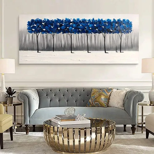 Vista 7 de Yihui Arts - Pintura al óleo de árbol azul pintado a mano en lienzo, paisaje moderno abstracto, obra de arte para pared, decoración para sala