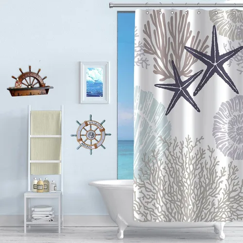 Vista 3 de Tritard Cortina de ducha pequeña de 36 x 72 pulgadas, tamaño medio, cortinas de ducha de tela impermeable náutica costera para baño, cortina de baño
