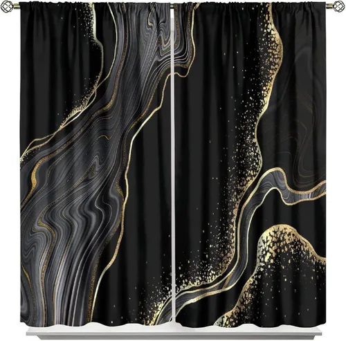 Vista 90 de Cortinas Negras con Dobladillo Dorado, Cortinas Opacas con Bolsillo para Barra con Estampado de Rayas de Foil en Onda Dorada para Decoración de Negro