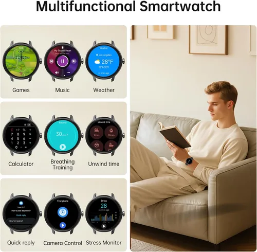Vista 6 de Reloj inteligente para hombres y mujeres (responder/hacer llamadas), reloj inteligente con voz AI incorporada, pantalla HD de 1.27" con monitor