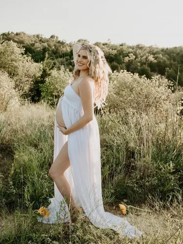 Vista 4 de Vestido de maternidad sin tirantes para mujer, con hombros descubiertos, para fotografía, vestido de gasa con abertura frontal para sesión de fotos