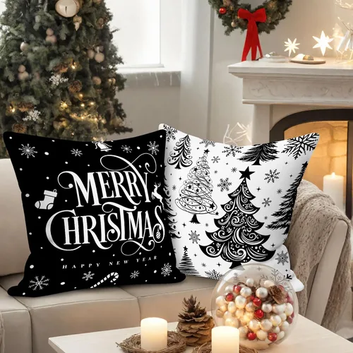 Vista 2 de Lanpn Juego de 4 fundas de almohada de Navidad negras de 12 x 12 pulgadas, fundas de almohada decorativas de invierno, cojín de árbol de Navidad