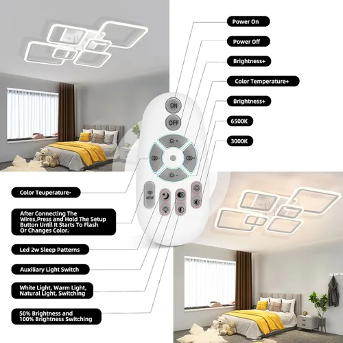 Vista 5 de Modernas luces LED de techo para dormitorio, 40.2 pulgadas, regulables, cuadradas, 6+1 anillos, luces de techo para sala de estar con control remoto