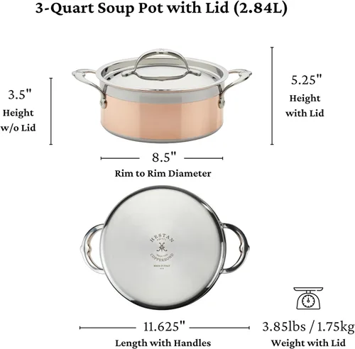 Vista 4 de Hestan - Colección CopperBond - Olla de sopa de cobre 100% puro, compatible con placa de inducción, 3 cuartos de galón