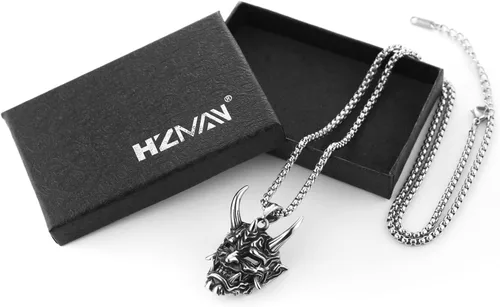 Vista 5 de HZMAN Collar gótico para hombre, máscara de Prajna, acero inoxidable, plata, malvado, demonio, fantasma, cuerno, calavera, colgante, Metal, No es