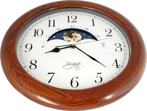 Vista 5 de JUSTIME Reloj de pared exclusivo de madera de roble macizo, sin tictac, mecánico, especialidad de fase lunar, esfera móvil, regalo, decoración