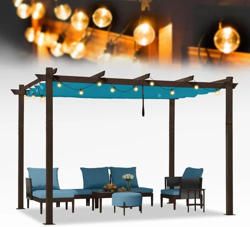 Vista 44 de PURPLE LEAF Pérgola de 10 x 12 pies con toldo retráctil, pérgola cuadrada de bronce de aluminio para patio al aire libre, junto a la piscina, beige