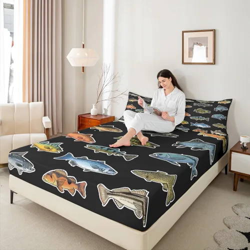 Vista 5 de Erosebridal Fishing Fitted Sheet Twin for Boys, Big Pike Fish Black Bed Sheets for Rustic Farmhouse Lake House Decor, Fishing Bedding Set Marine