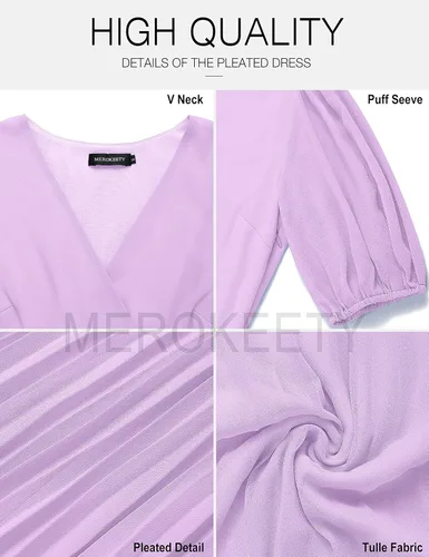 Vista 5 de MEROKEETY Vestido midi plisado con cuello en V y mangas abullonadas para mujer, para invitadas de boda