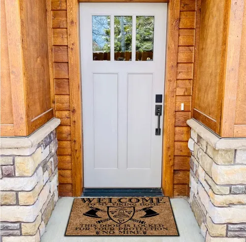 Vista 6 de Tapete divertido para puerta delantera, para exteriores, Welcome to My Viking Home, This Door is Locked for Your Protection No Mine Outdoor Funny