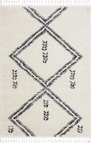 Vista 2 de Abani Alfombra marroquí de pelo largo marfil y gris, alfombra tradicional con estampado tribal de diamante, 7.9 x 10.2 pies (8 x 10), alfombra