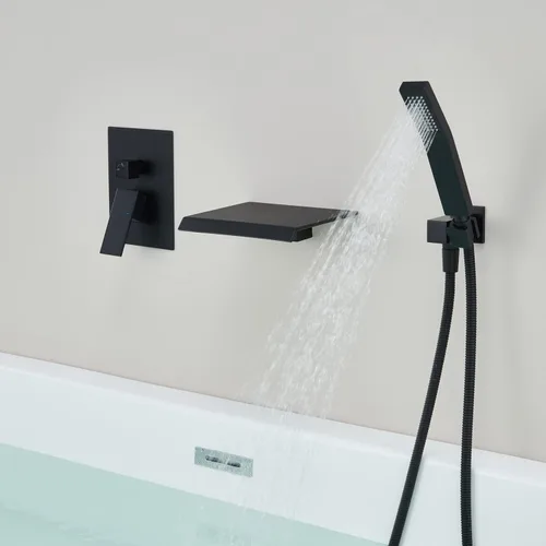 Vista 6 de Wowkk Llenador de bañera de montaje en pared, grifo de bañera en cascada, grifo de baño negro de latón con una sola manija con ducha de mano