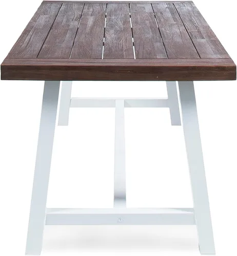 Vista 8 de Mesa de comedor de madera de chorro de arena marrón oscuro al aire libre con metal rústico blanco e