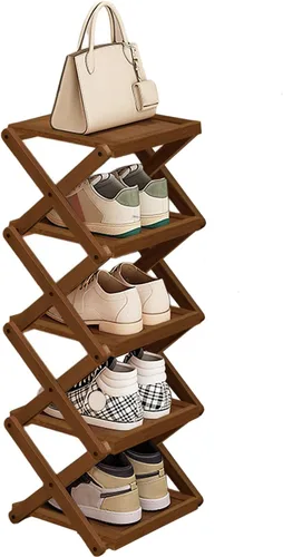 Vista 12 de YYW Zapatero plano de bambú para entrada, sin instalación y plegable, pequeño zapatero vertical, ahorra espacio, zapatero estrecho para armario