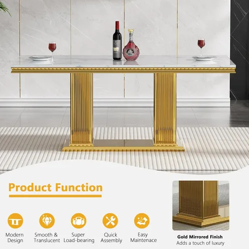 Vista 3 de Mesa de comedor de mármol blanco de 70 pulgadas para 4 a 6, moderna mesa de cocina rectangular de mármol sintético con base de doble columna