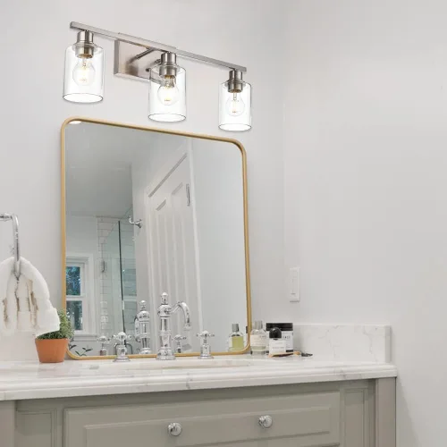 Vista 3 de Lámpara de pared de 3 luces de níquel cepillado de metal, lámpara de tocador de interior con pantalla de vidrio transparente, accesorios
