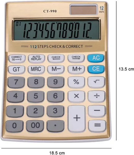 Vista 3 de Calculadora de escritorio de función estándar con pantalla LCD grande de 12 dígitos con energía solar, oro