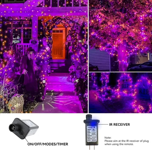 Vista 6 de Tira de luces de Halloween moradas y naranjas, 800 LED, 330 pies, 8 modos, temporizador, impermeable, para enchufar, para interiores y exteriores