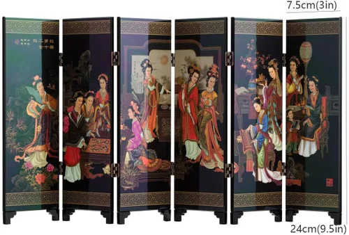 Vista 6 de Mini arte chino tradicional de 9.5 pulgadas de alto, 6 paneles para decoración del hogar, laca, oriental, mini divisor (damas)