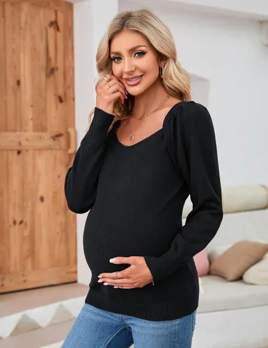 Vista 4 de KOJOOIN Tops de maternidad para mujer, suéteres casuales con cuello en V, manga larga abombada, punto acanalado, para otoño, embarazo, babydoll