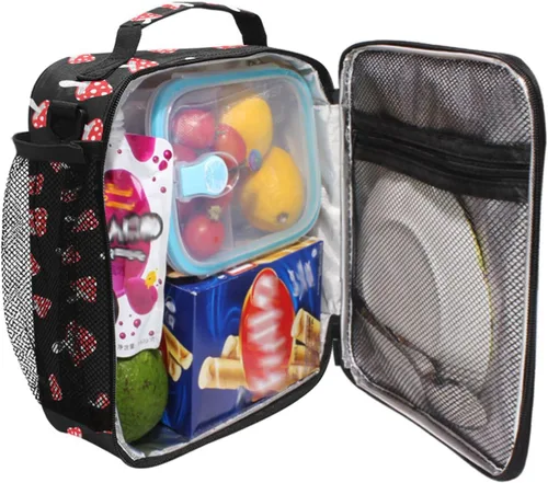 Vista 4 de Lonchera para niños y niñas, con diseño de hongos del bosque, con diseño de dibujos animados, con correa para el hombro, bolsas enfriadoras