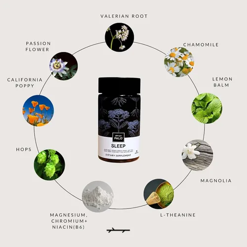 Vista 4 de PALO Apoyo para el sueño y el estrés: suplemento vegano sin melatonina con raíz de valeriana orgánica, L-teanina, magnesio, manzanilla, bálsamo