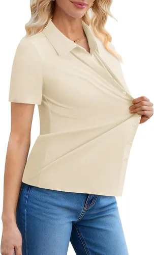 Vista 2 de Gleeivy Camisas con botones para mujer, ajustadas, de manga corta, elásticas, para el trabajo, sin arrugas, blusas de oficina