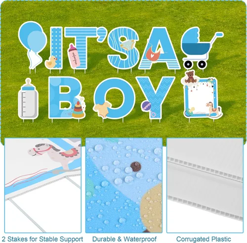 Vista 3 de Elcoho 11 carteles azules con estacas con texto en inglés "IT'S A Boy", incluye letras, globo, biberón, letrero para chupete de bebé para decoración