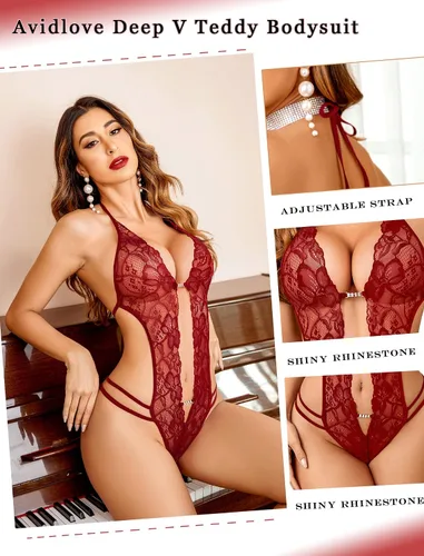 Vista 5 de Avidlove - Body de lencería de una pieza para mujer, diseño de encaje sexy con escote en V profundo, baby doll, tallas XS a XXXL