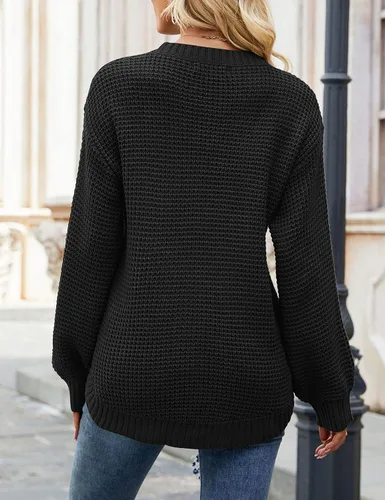 Vista 3 de MEROKEETY - Suéter de punto gofre para otoño para mujer, estilo casual, manga larga tipo globo, holgado, sin botones