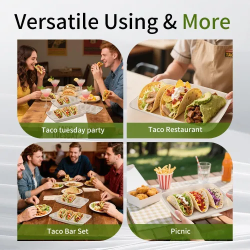 Vista 6 de Paquete de 110 soportes desechables para tacos, platos de tacos desechables con 3 divisores para decoraciones de martes de tacos y juego de servir
