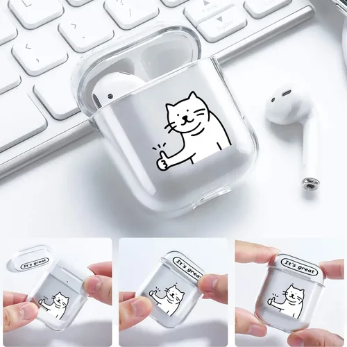 Vista 4 de Funda transparente para AirPods de 2ª generación de 1ª generación, diseño de gatito kawaii para mujeres, hombres y niños, funda de carga de TPU