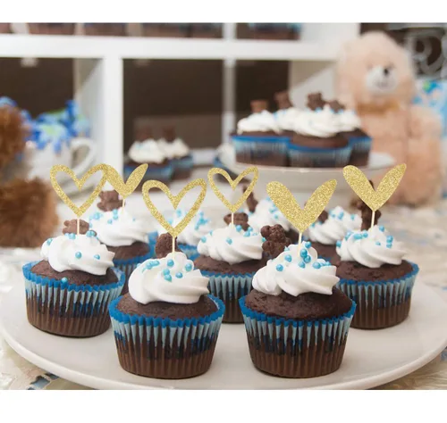 Vista 3 de 24 adornos dorados para cupcakes de corazón con purpurina dorada, diseño lindo para cupcakes para boda, novia, aniversario, baby shower, fiesta