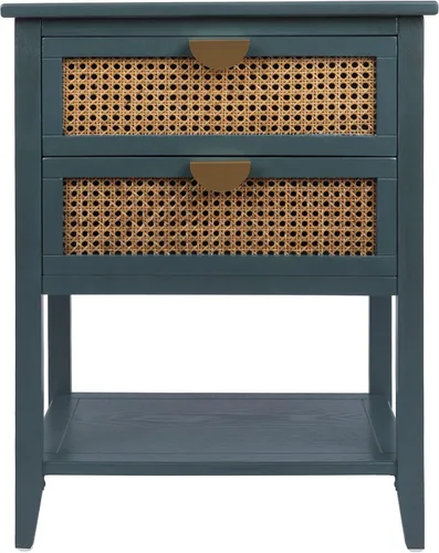Vista 11 de ZeHuoGe Mesita de noche de ratán, mesa auxiliar con 2 cajones profundos, fusión moderna-rústica, gris, 22 pulgadas de ancho x 28.35 pulgadas de alto